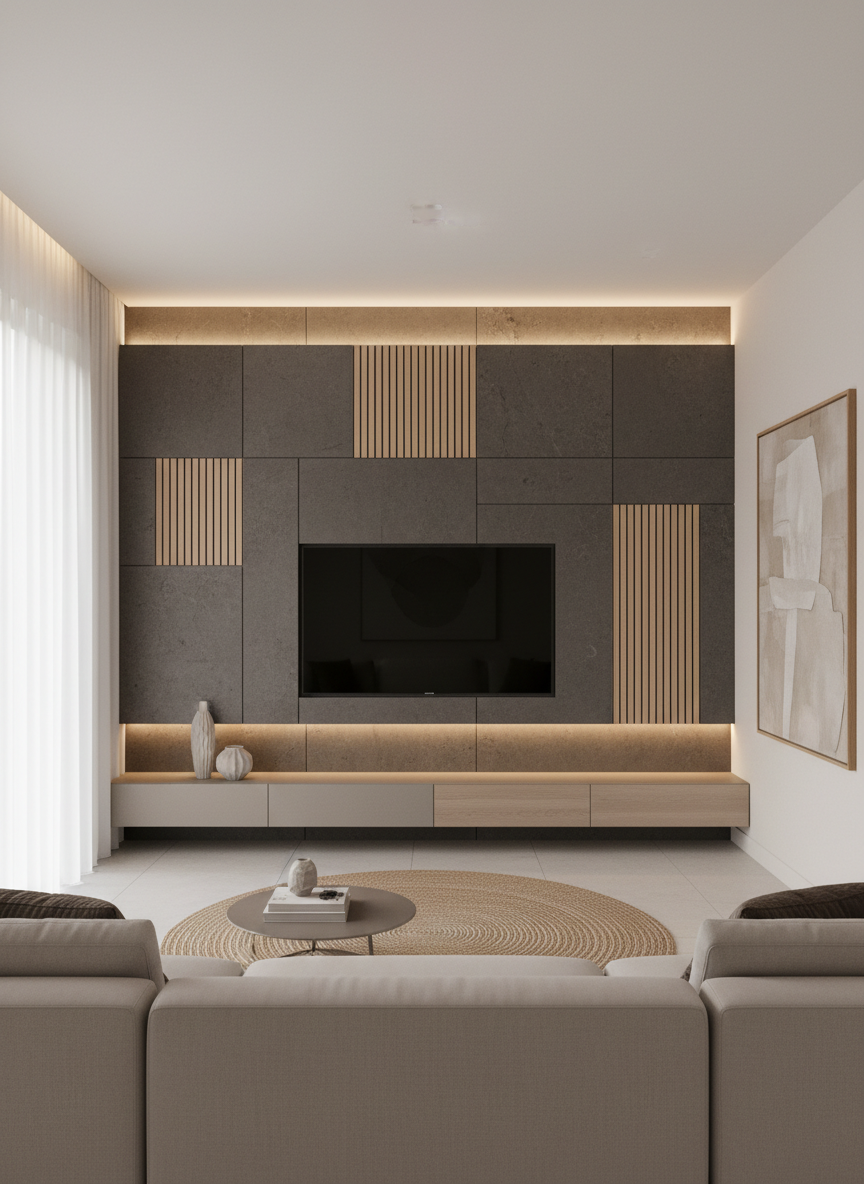 An elegant, wall-mounted TV feature constructed from a seamless blend of matte charcoal stone and smooth light pine wood slats, forming a subtle geometric pattern. The TV wall serves as the focal point in a modern living area with a minimalist floating media shelf below in pale, muted tones. Ambient cove lighting installed at the top edge of the wall casts a warm, indirect glow, softly highlighting the textures and producing ambient gradients across the surfaces. The shot is taken from a slightly elevated perspective, with the TV wall perfectly centered for a balanced, graceful presentation. The overall visual is calm, sophisticated, and imbued with Luxewood Interiors’ signature blend of innovation and subtle luxury.