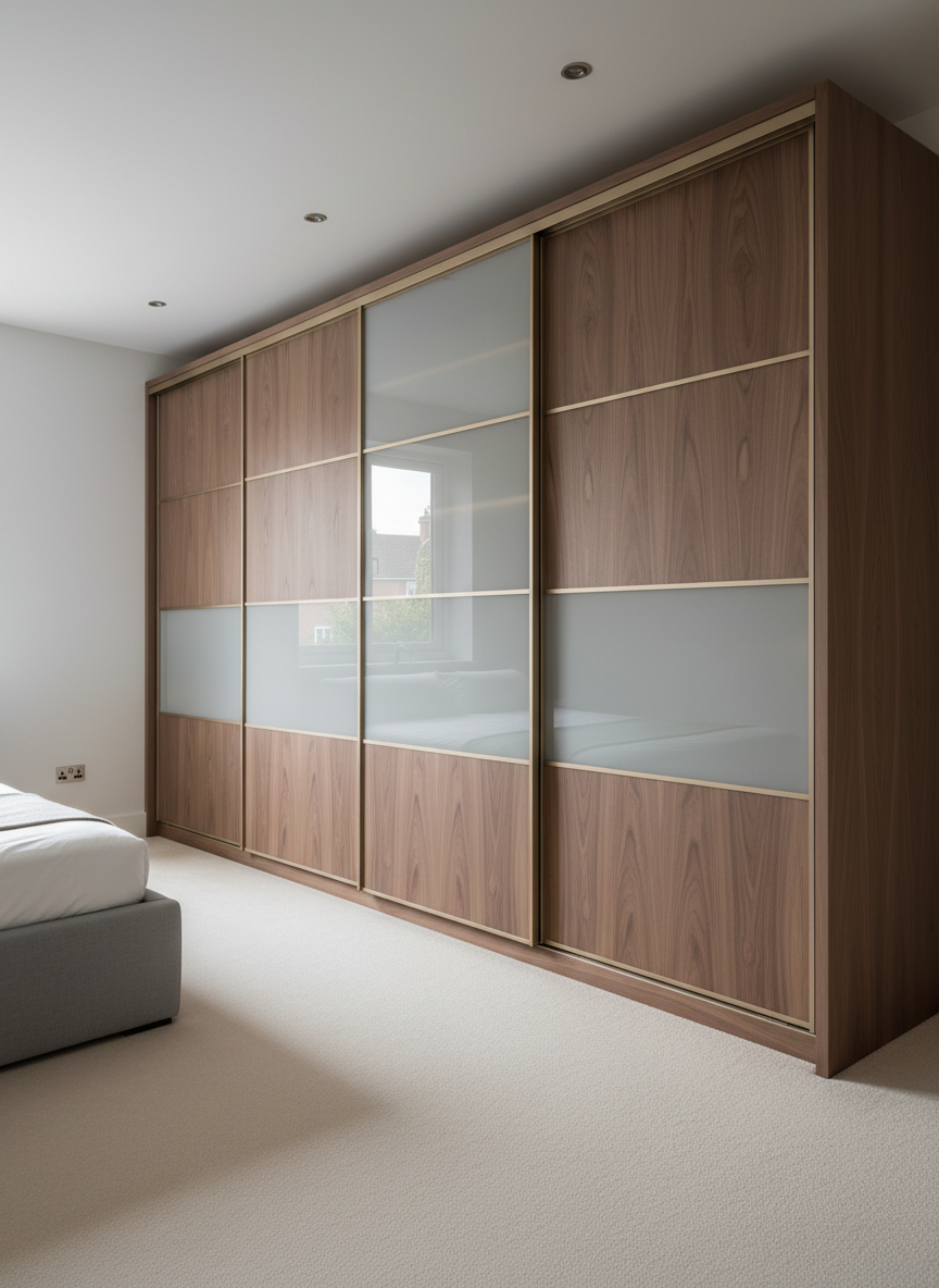 A bespoke fitted sliding wardrobe in muted walnut veneer, featuring sleek frosted glass panels and seamless, barely-there metal trim, positioned along the length of a tranquil, uncluttered bedroom wall. The surroundings include a pale, softly textured carpet and a fragment of a minimalist upholstered bed in an ash-grey shade. Overhead recessed ceiling lights provide a gentle, evenly diffused illumination, casting subtle highlights on the wood grain and soft shadows beneath the wardrobe. Captured in a clean, horizontal composition at a three-quarter angle, the scene exudes a serene and refined atmosphere. The photographic style focuses on clarity and sophistication, embodying Luxewood Interiors’ understated elegance and expert craftsmanship.